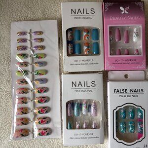 False Nails - Spring Themed Set of 6 glue on nails w/nail glue and emery board
